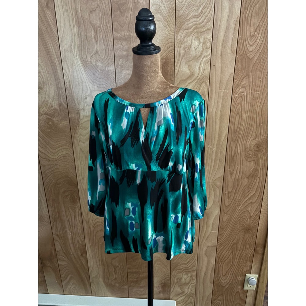 Alyx Petite Green Abstract Empire Waist‎ Blouse 3/4 Sleeve Top PL
